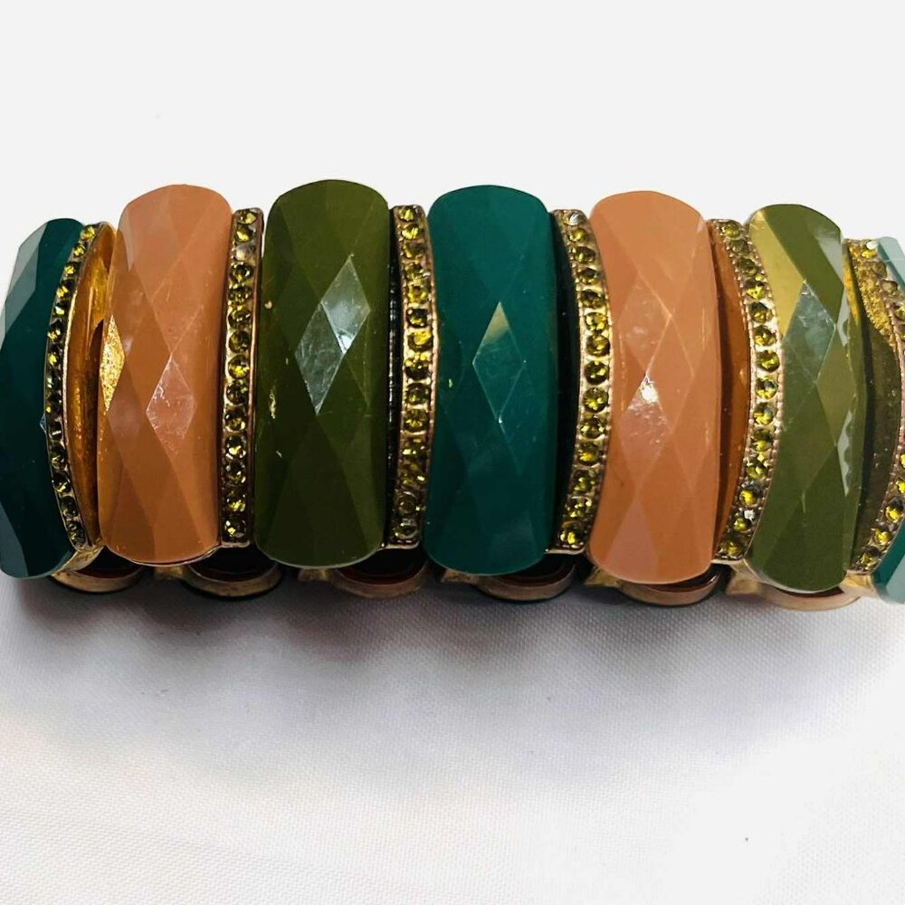 Vintage Stretch Bracelet 1980s, Faceted Multi-Color Panels with Metal Accents